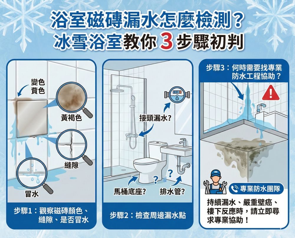 浴室磁磚漏水怎麼檢測？冰雪浴室教你 3 步驟初判