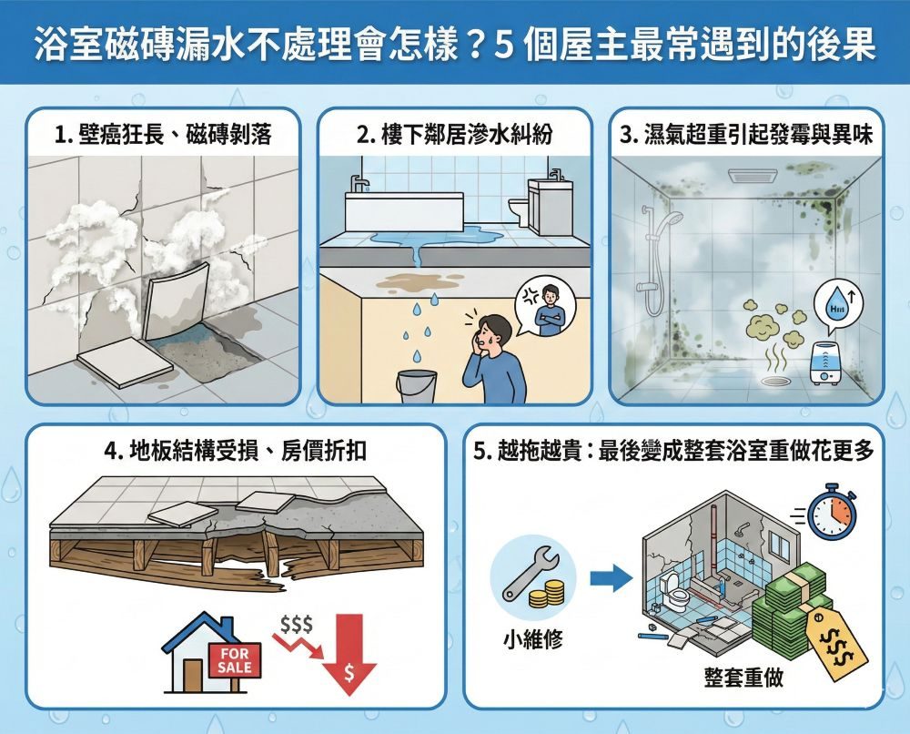浴室磁磚漏水不處理會怎樣？5 個屋主最常遇到的後果